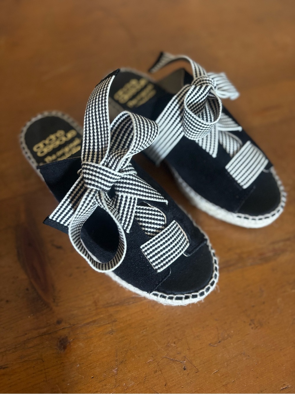 Andre Assous Black Suede Lace Up Espadrille Flats Ribbon Tie Shoes EU 36 US 6